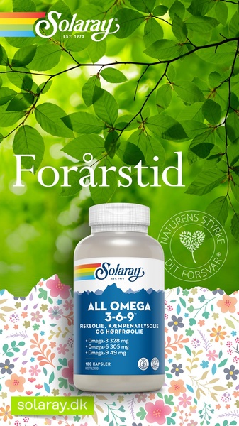 A vertical ad creative featuring a bottle of All Omega 3-6-9 supplements set against a vibrant green forest canopy and floral border.